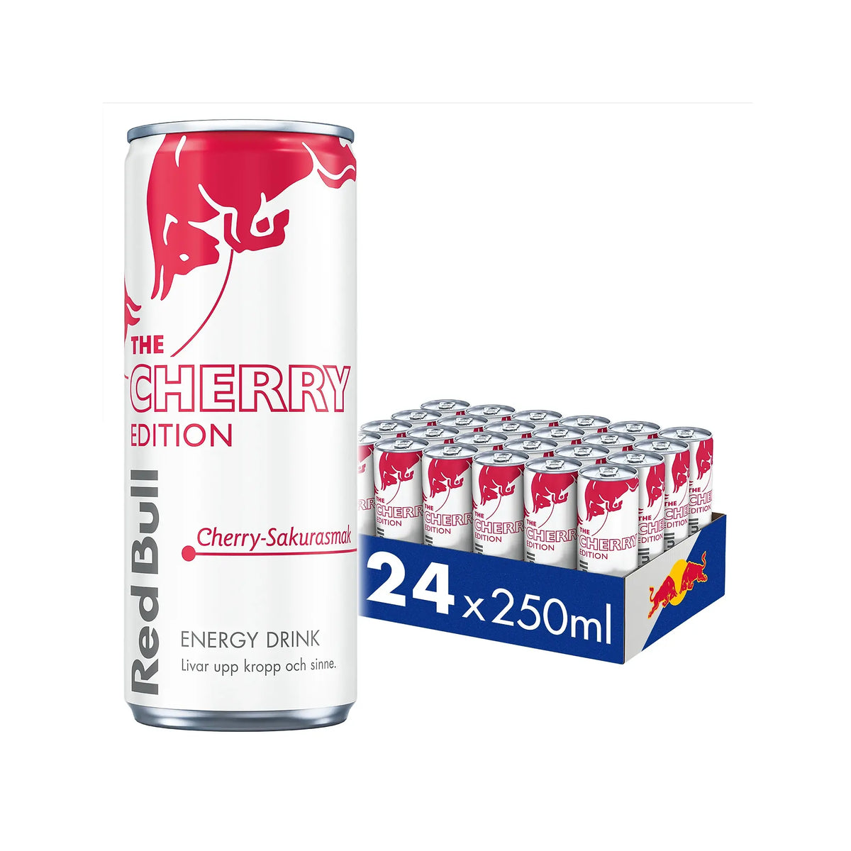 24 x Red Bull 250 ml Spring Edition Cherry-Sakura i ett blått flak med vita och rosa burkar., bild 1 av 1