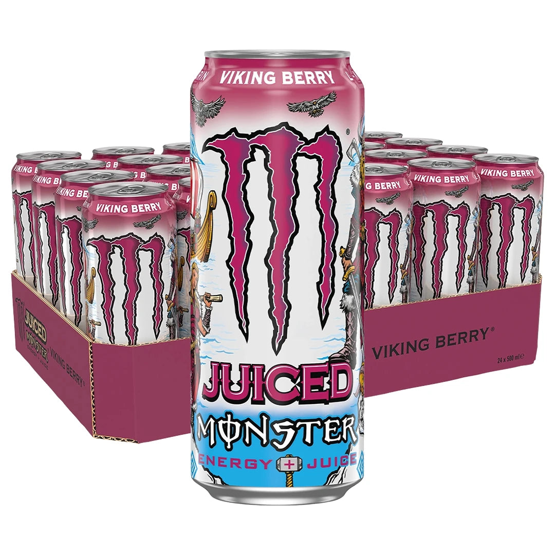 24 x Monster Energy 500 ml Viking Berry energidryck i ett mörkrosa flak med rosa och ljusblå burkar., bild 1 av 1