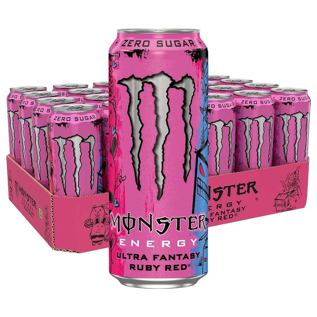 24 x Monster Energy 500 ml Ruby Red i ett rosa flak med burkar i rosa och silver., bild 1 av 1