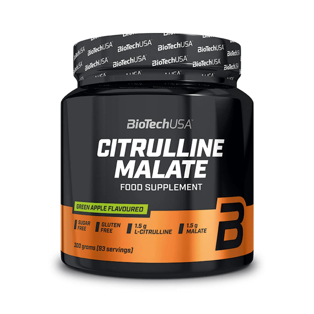 BioTechUSA Citrulline Malate Powder 300 g i en svart och orange burk med grönt äpple-smak., bild 1 av 1
