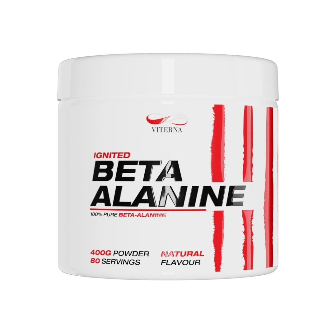 Viterna Beta Alanine Powder 400 g rent aminosyrapulver i en vit burk med röda detaljer och naturell smak., bild 1 av 1