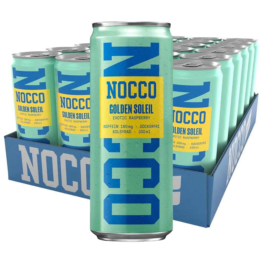 24 x NOCCO Golden Soleil 330 ml i ett blått flak fyllt med ljusgröna energidrycksburkar med blå och gula detaljer., bild 1 av 1