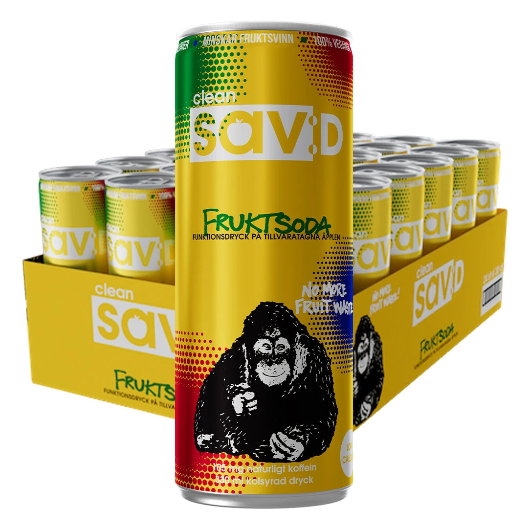 24 x Clean Sav:D 330 ml Fruktsoda i ett gult flak med matchande burkar som har en illustration av en apa., bild 1 av 1