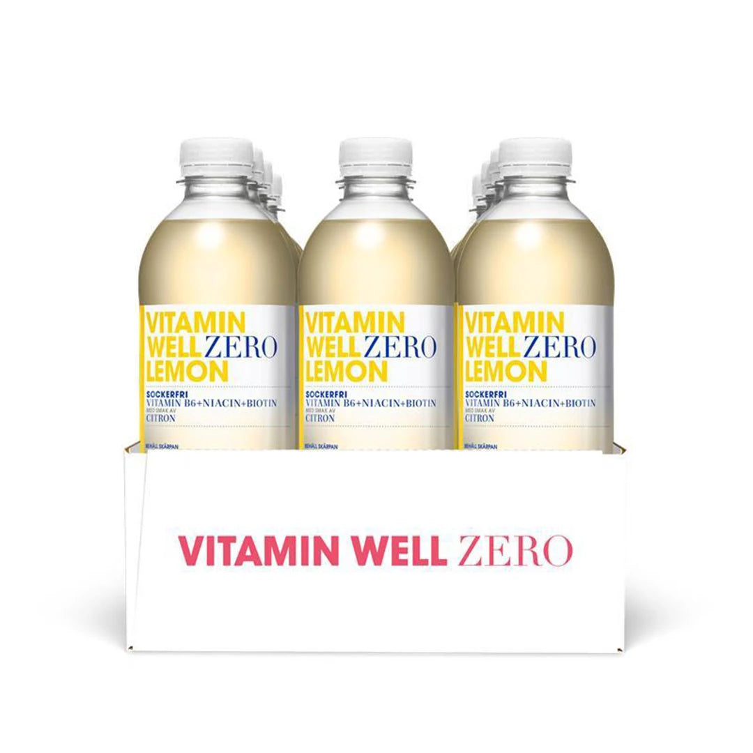 12 x Vitamin Well Zero 500 ml Lemon flak med tolv genomskinliga plastflaskor som innehåller sockerfri vitamindryck., bild 1 av 1