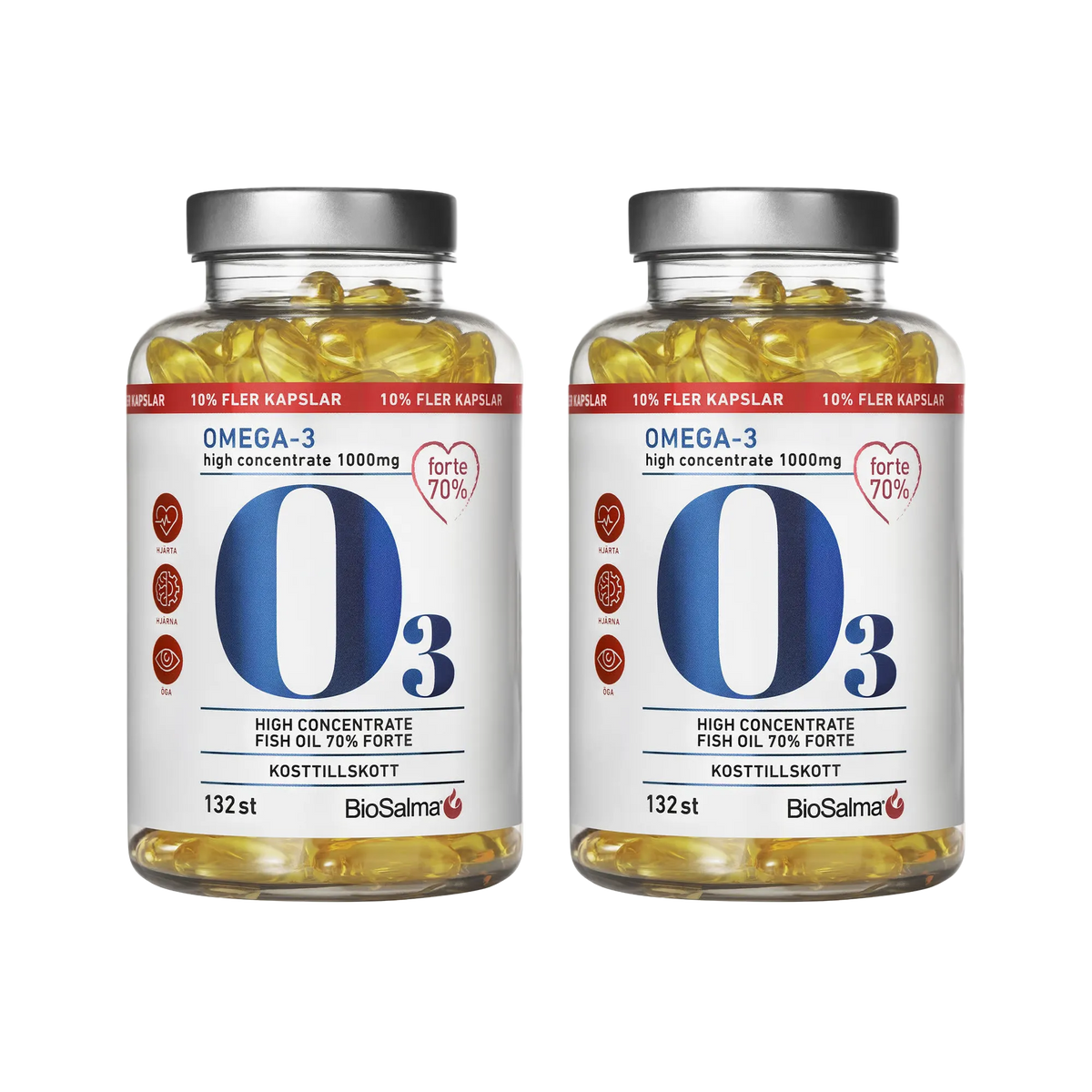 2 x BioSalma Omega-3 Forte 70% 1000 mg 132 caps i genomskinliga burkar med silverlock fyllda med gula fiskoljekapslar., bild 1 av 1