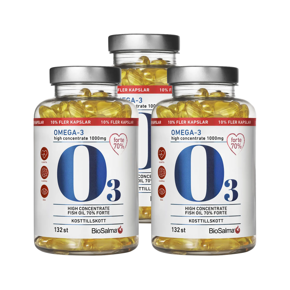 3 x BioSalma Omega-3 Forte 70% 1000 mg 132 caps i tre transparenta burkar med silvriga lock och gula fiskoljekapslar., bild 1 av 1