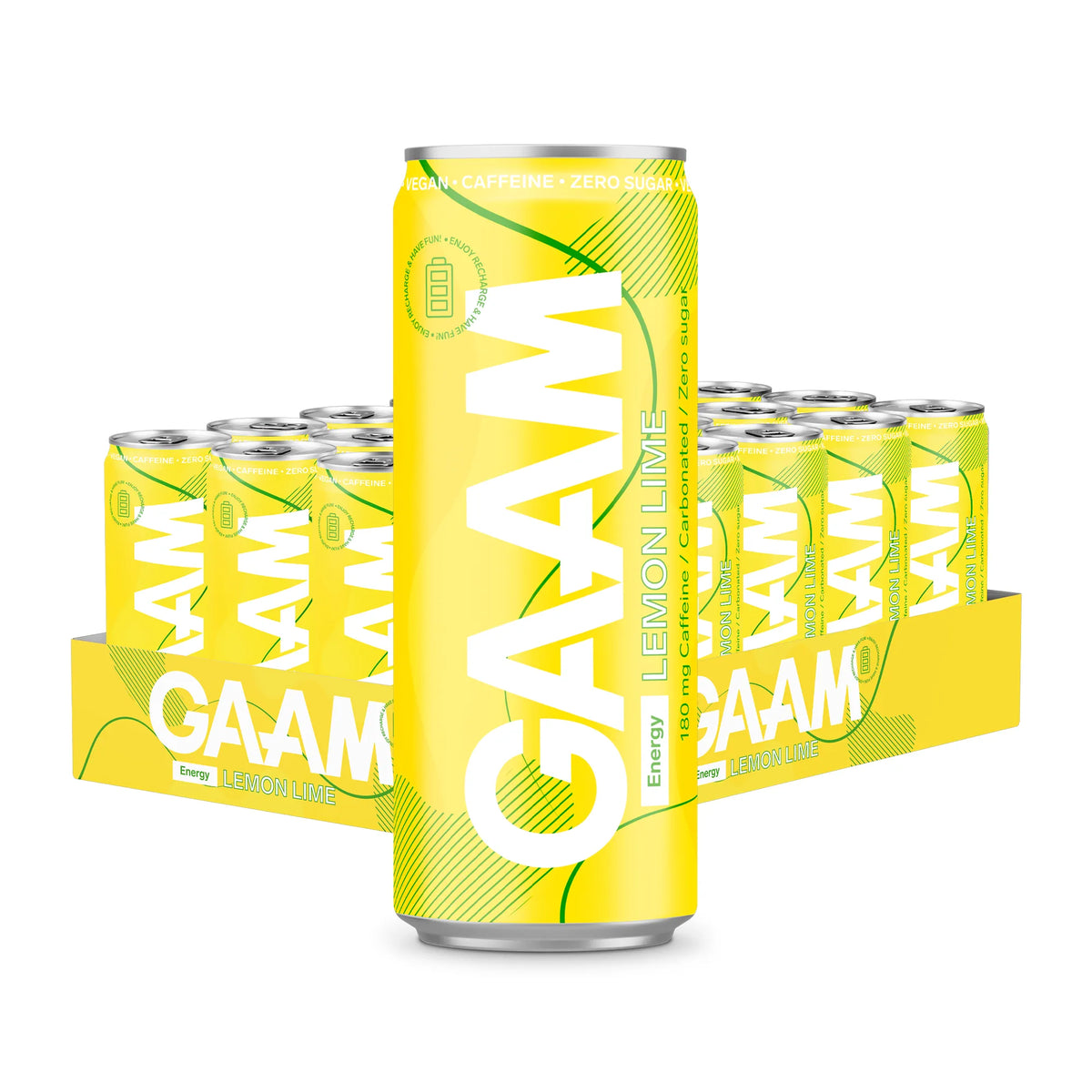 24 x GAAM Energy 330 ml Lemon Lime energidryck i ett gult flak fyllt med gula burkar med gröna detaljer.