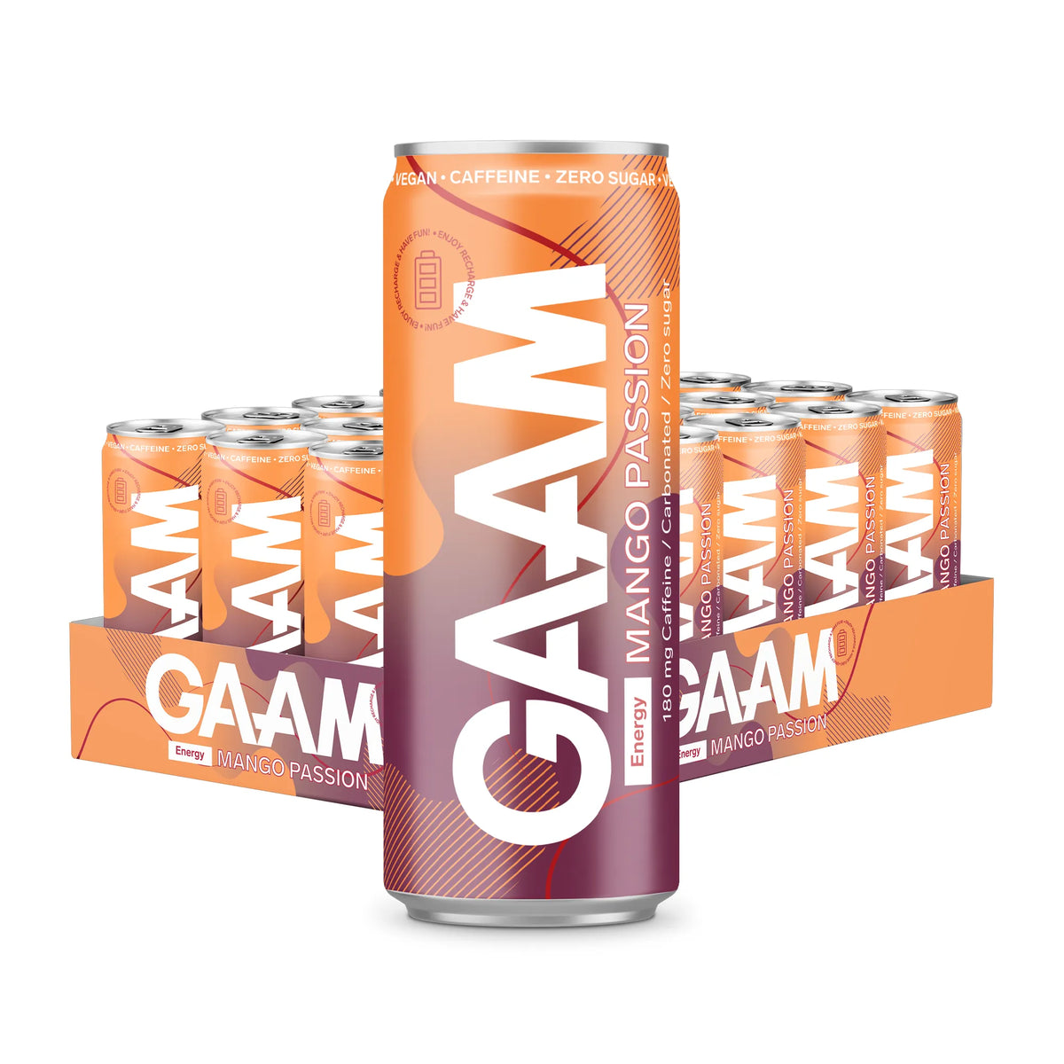 24 x GAAM Energy 330 ml Mango Passion energidryck i ett flak med orange och lila burkar., bild 1 av 1