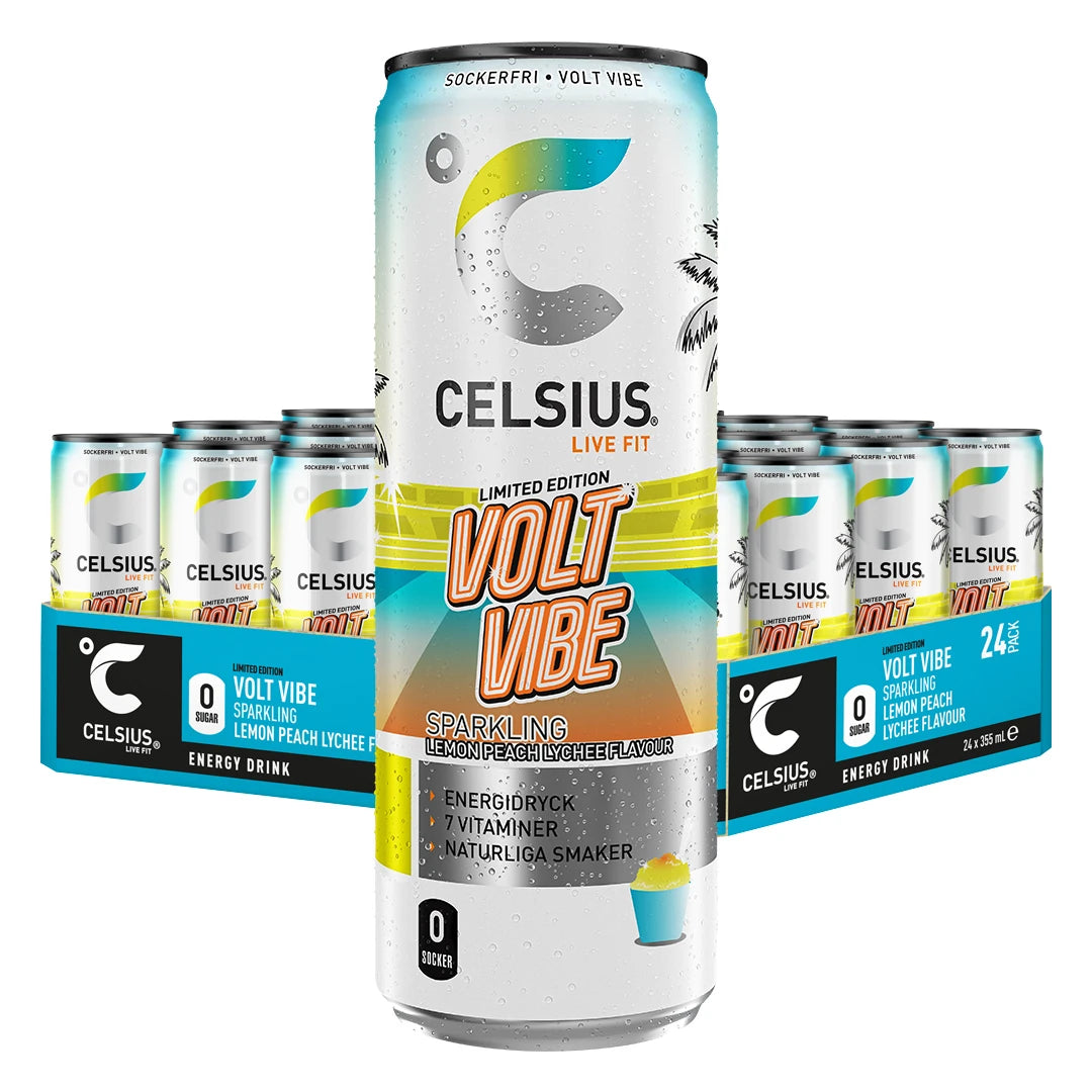 24 x Celsius 355 ml Volt Vibe Limited Edition i ett turkost flak med vita burkar och färgglatt motiv., bild 1 av 1