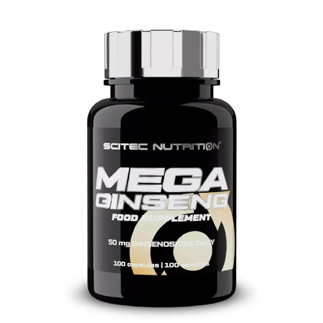 Scitec Nutrition Mega Ginseng 100 caps förpackad i en svart burk med silverlock., bild 1 av 1