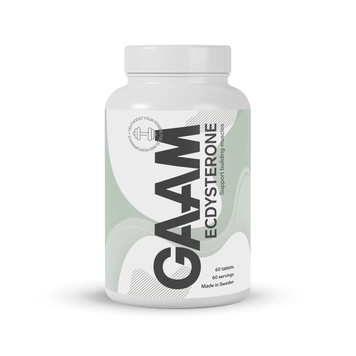 GAAM Ecdysterone 60 tabs kosttillskott i en vit burk med gröna och gråa detaljer på etiketten., bild 1 av 1