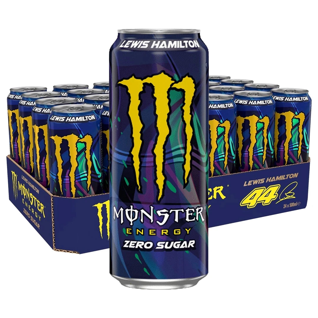 24 x Monster Energy 500 ml Lewis Hamilton (sockerfri) i en mörkblå kartong med färgstarka burkar., bild 1 av 1