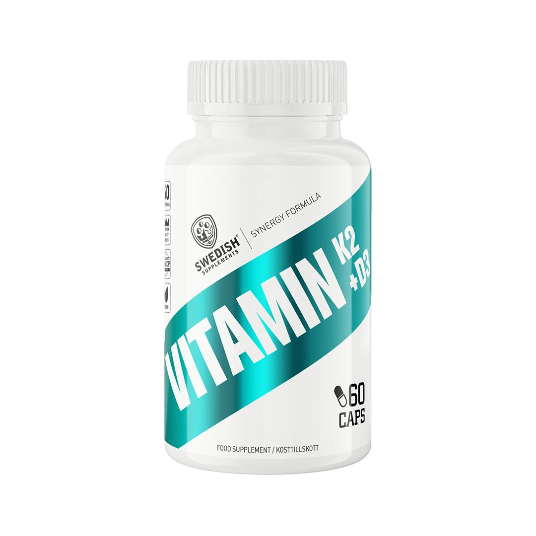 Swedish supplements Vitamin K2 + D3 60 Caps kosttillskott i en vit plastburk med turkosa detaljer., bild 1 av 1