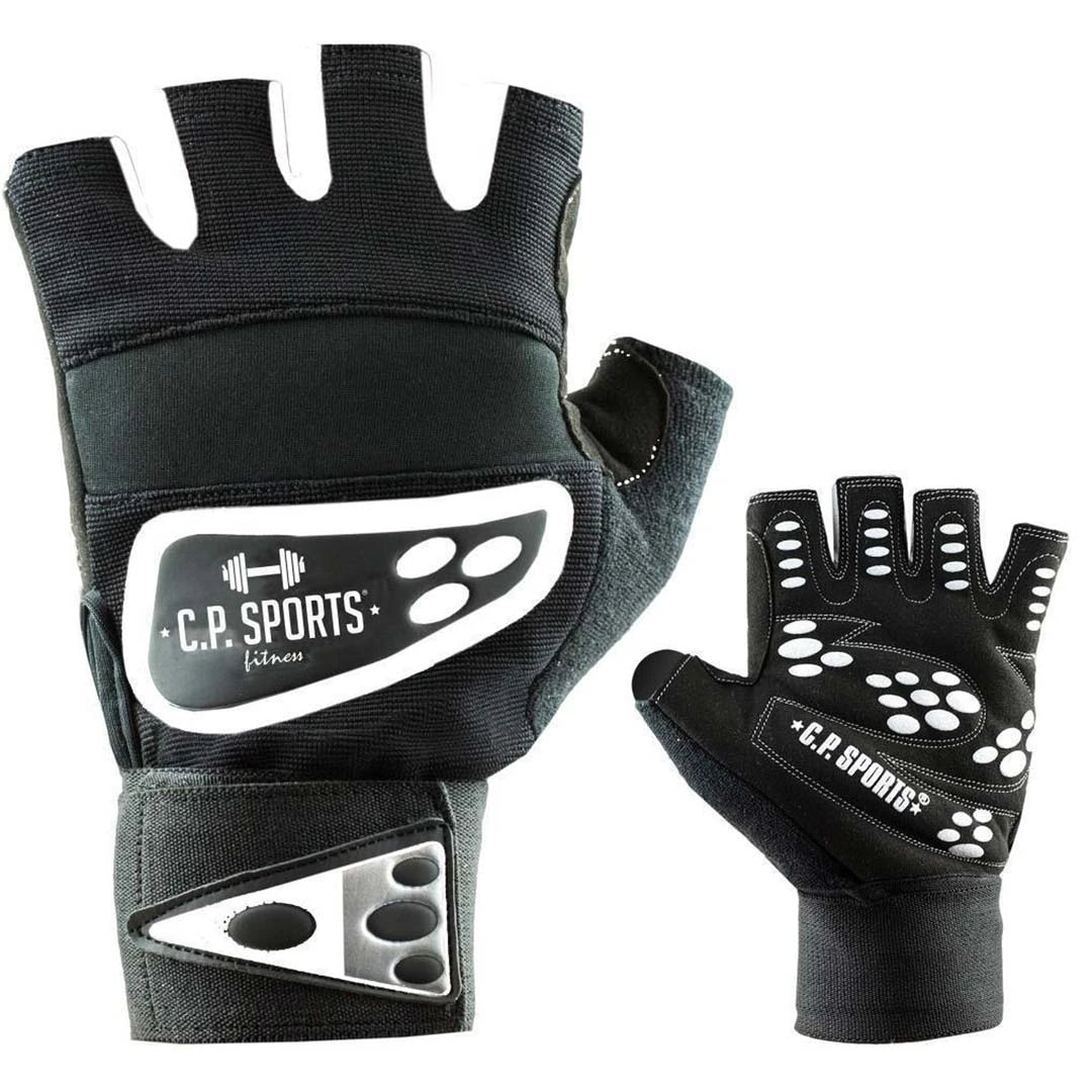 C.P. Sports Wrist Wrap Glove Black/White är svarta träningshandskar med handledsstöd och vita detaljer för tunga lyft., bild 1 av 7