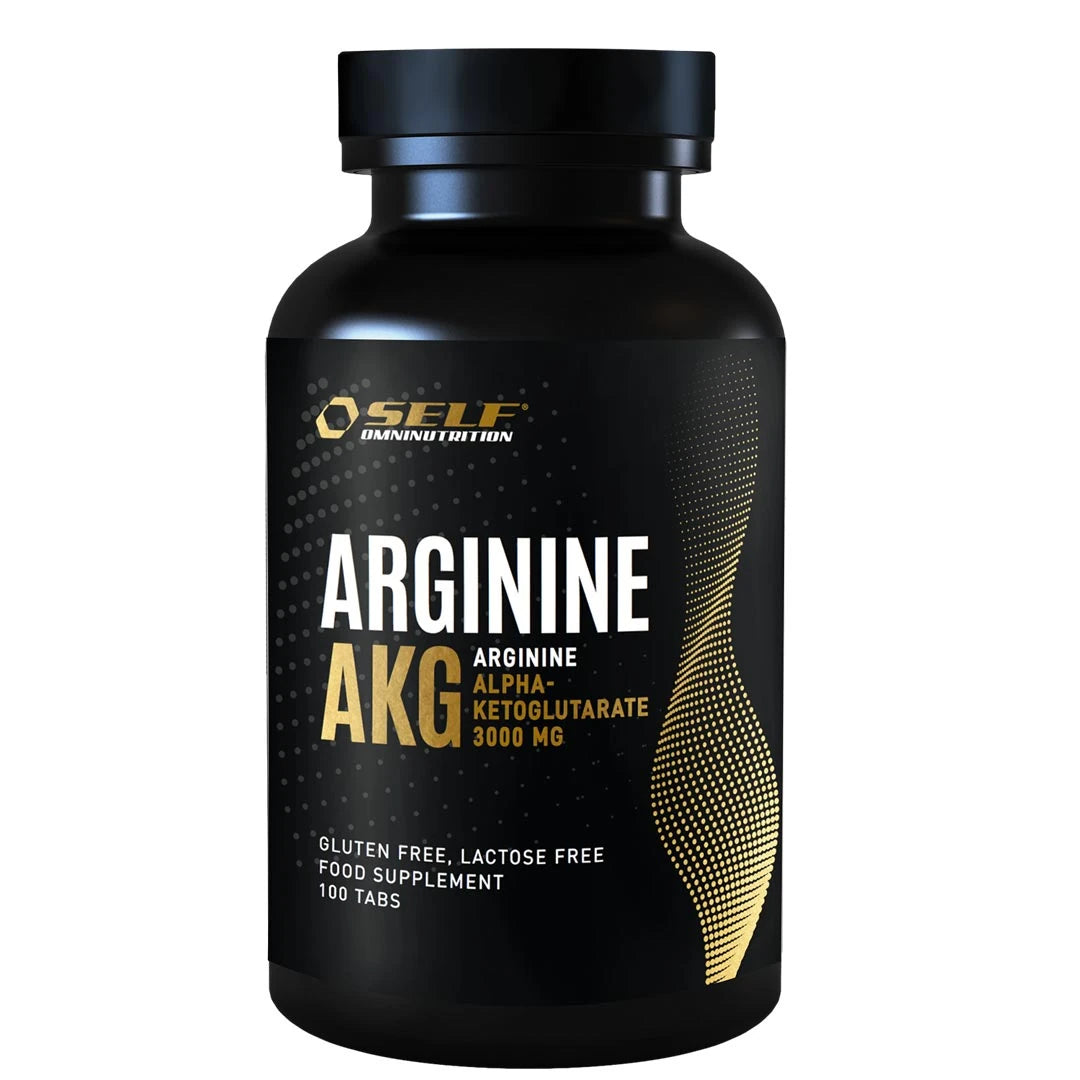 Self Omninutrition Arginine AKG 100 tabs, kosttillskott i tablettform förpackat i en svart burk med guldiga detaljer., bild 1 av 1
