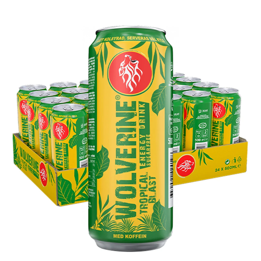 24 x Wolverine Energy Drink 500 ml Tropical Blast i ett gult flak med matchande grön-gula burkar med lövmönster., bild 1 av 1