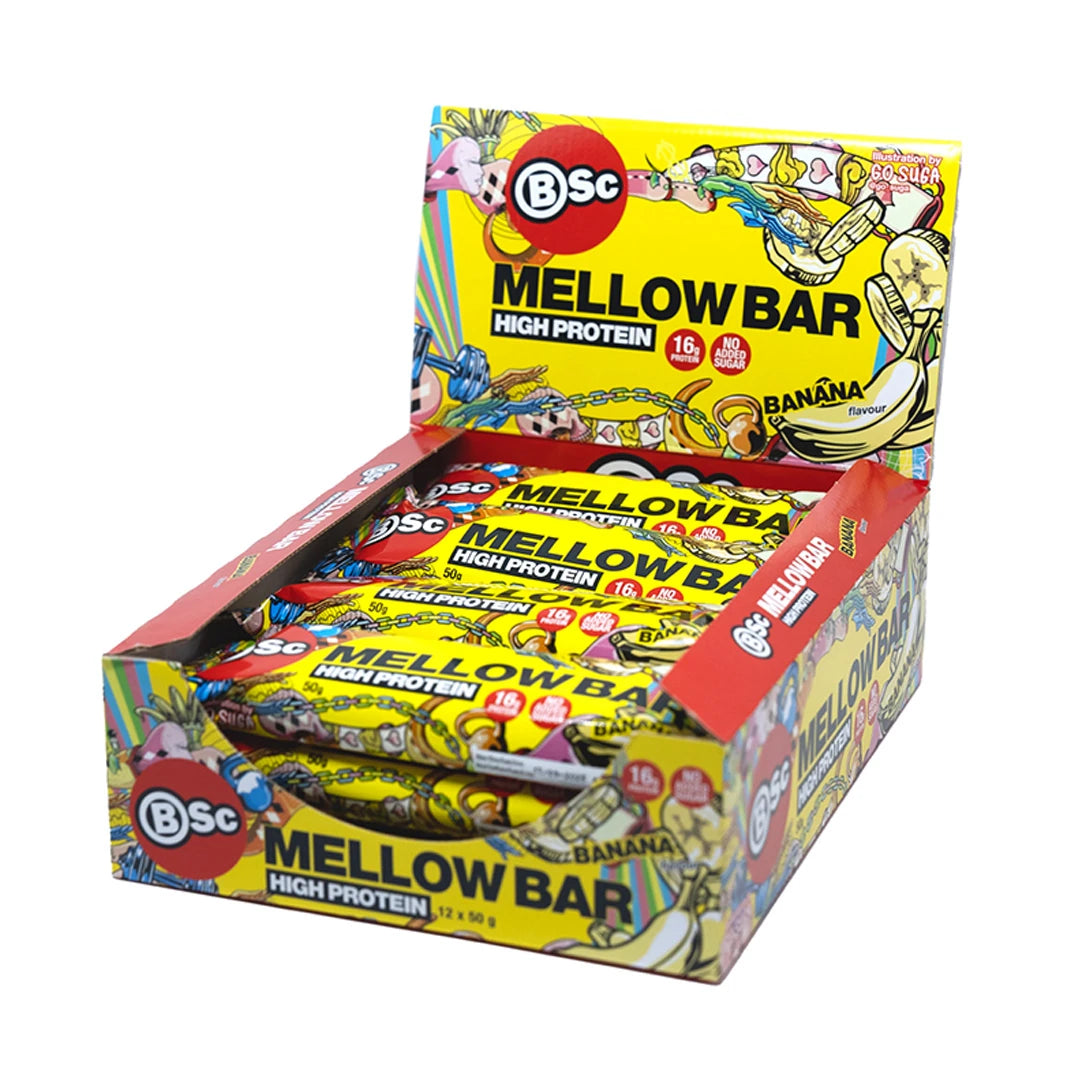 12 x BSc Mellow Proteinbar 50 g Mixlåda i en öppen, gul displaykartong med färgglada motiv för banansmak., bild 1 av 1