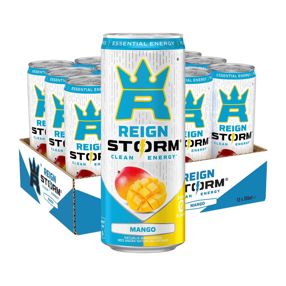 12 x Reign Storm Energy 355 ml Mango i ett blått och vitt flak med matchande vita burkar., bild 1 av 1