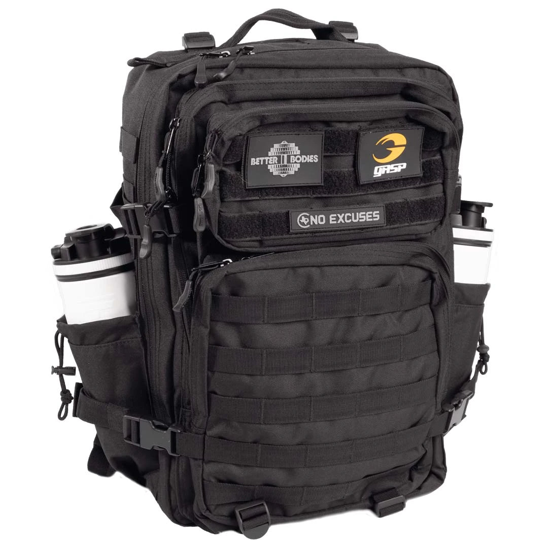 Better Bodies Tactical Backpack Black, svart ryggsäck i polyester med taktiska fack, patchar och shakers i sidofickorna.