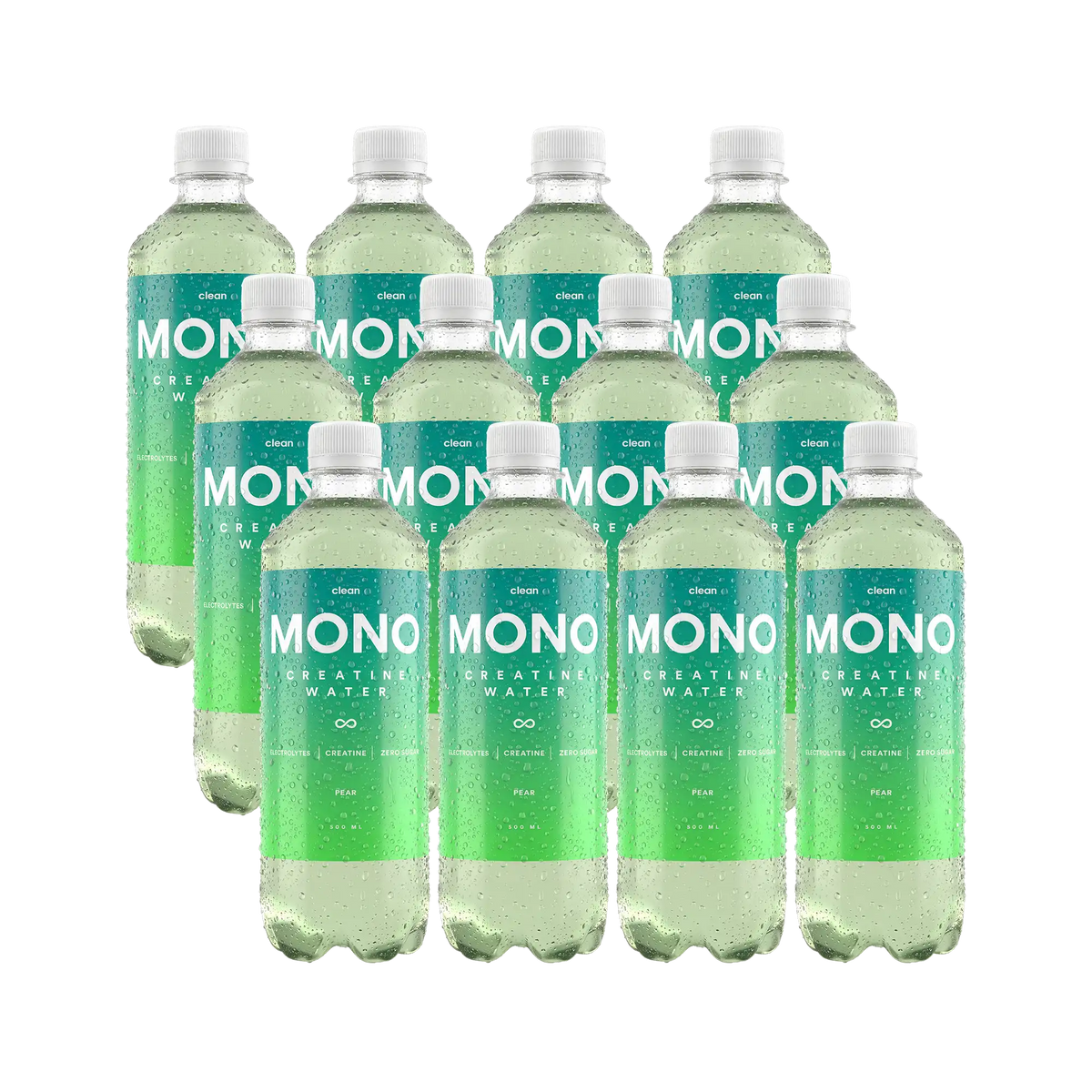 12 x Clean MONO Creatine Water 500 ml Pear i genomskinliga plastflaskor med grön etikett och grå kork., bild 1 av 1