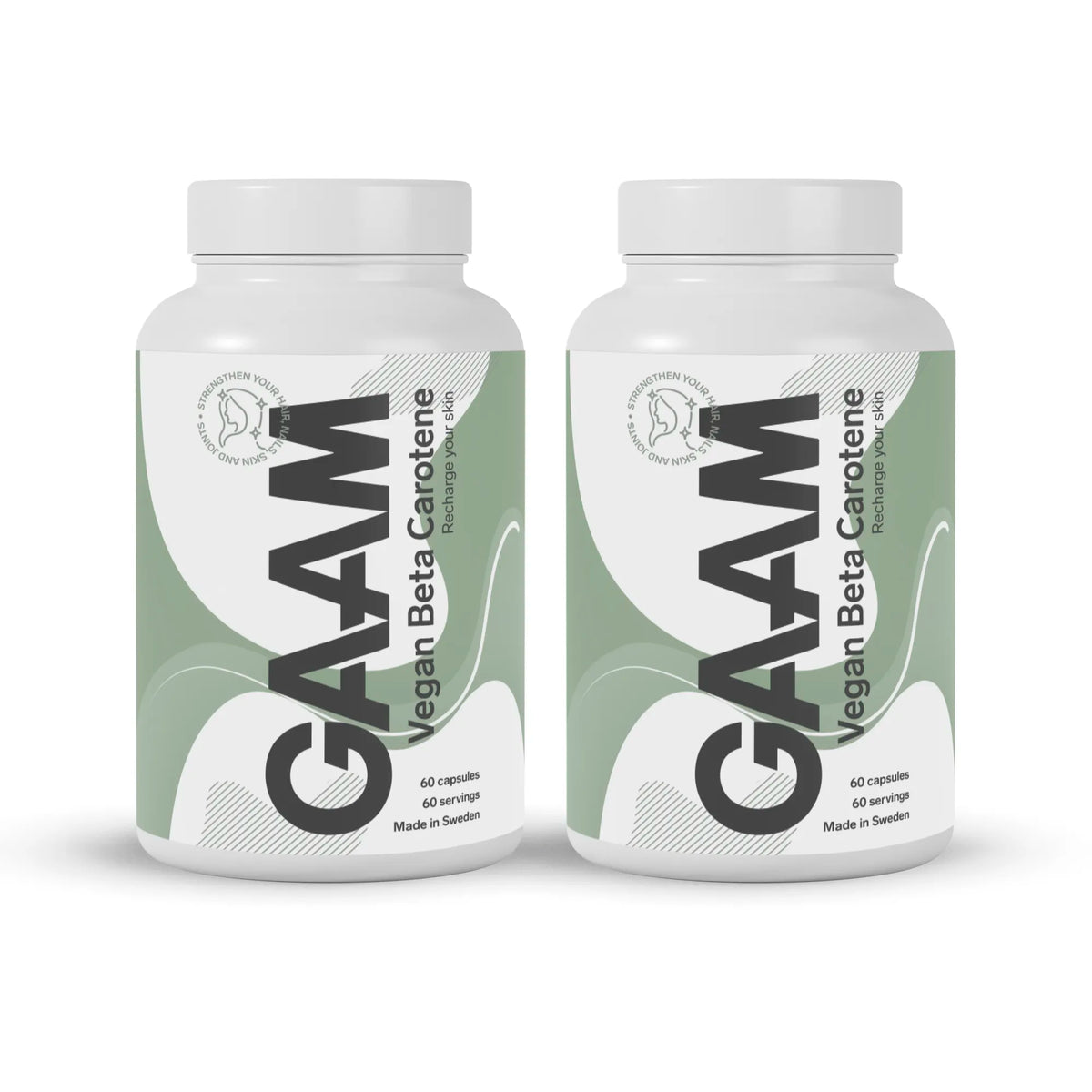 2 x GAAM Vegan Beta carotene 60 caps kosttillskott i två vita burkar med gröna detaljer.