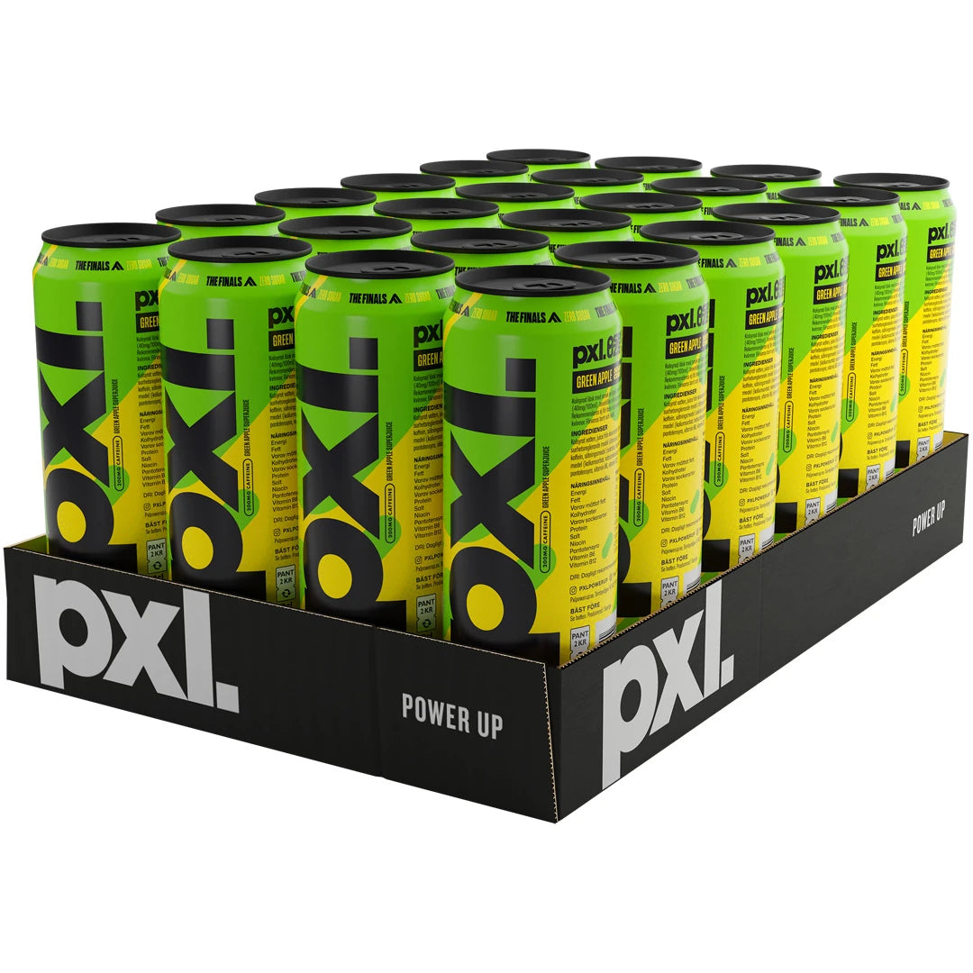 24 x PXL Energy 500 ml Sour Core i ett svart flak med ljusgröna energidrycksburkar med svart text för syrlig smak., bild 1 av 1