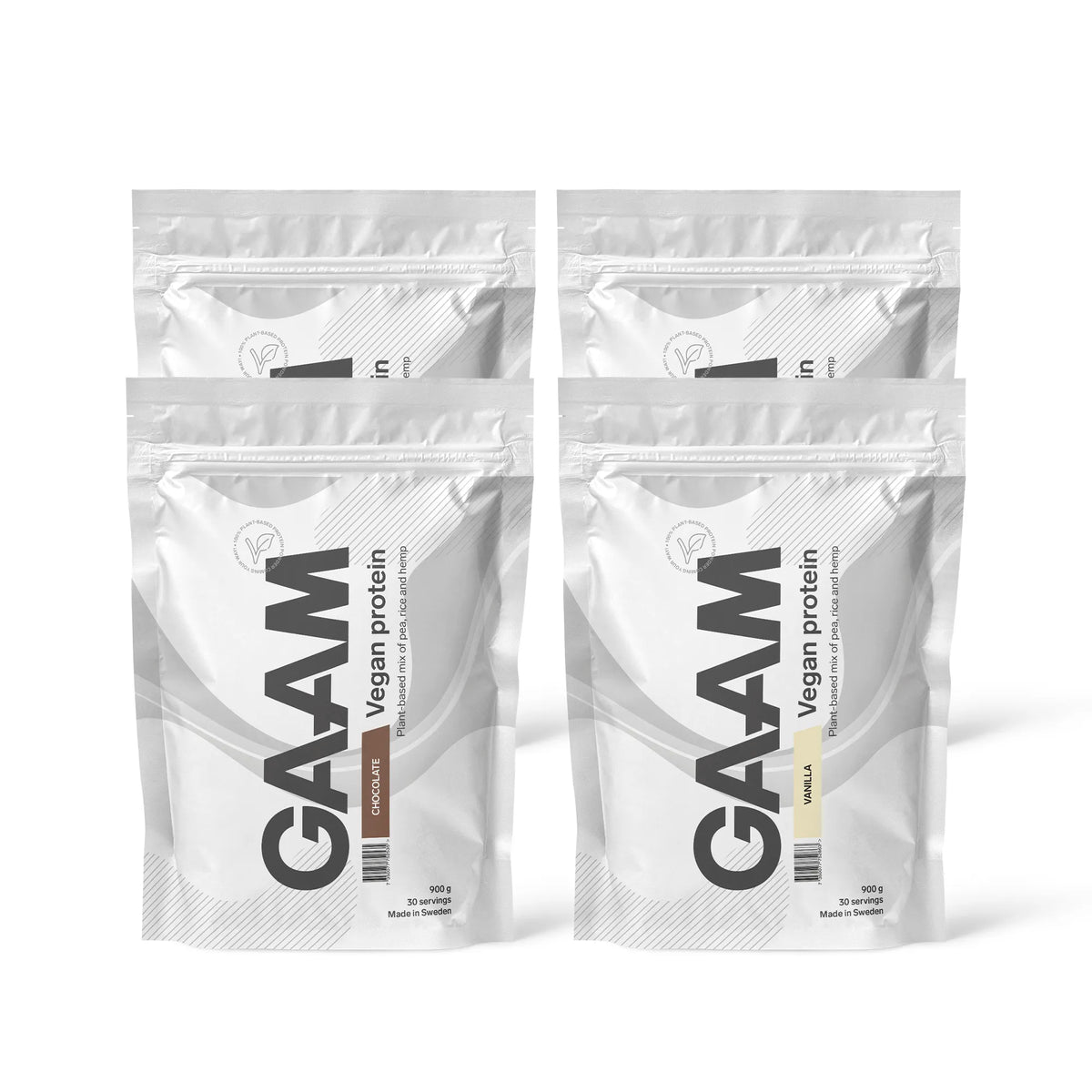4 x GAAM Vegan Protein 900 g i ett paket med fyra vita påsar för smakerna Chocolate och Vanilla., bild 1 av 1