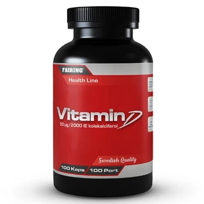 Fairing Vitamin D 100 caps, ett D-vitamintillskott i en svart burk med röd etikett., bild 1 av 1