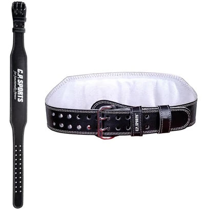 C.P. Sports Lifting Belt Black, ett svart träningsbälte i läder med vit vadderad insida och spänne för tunga lyft., bild 6 av 6