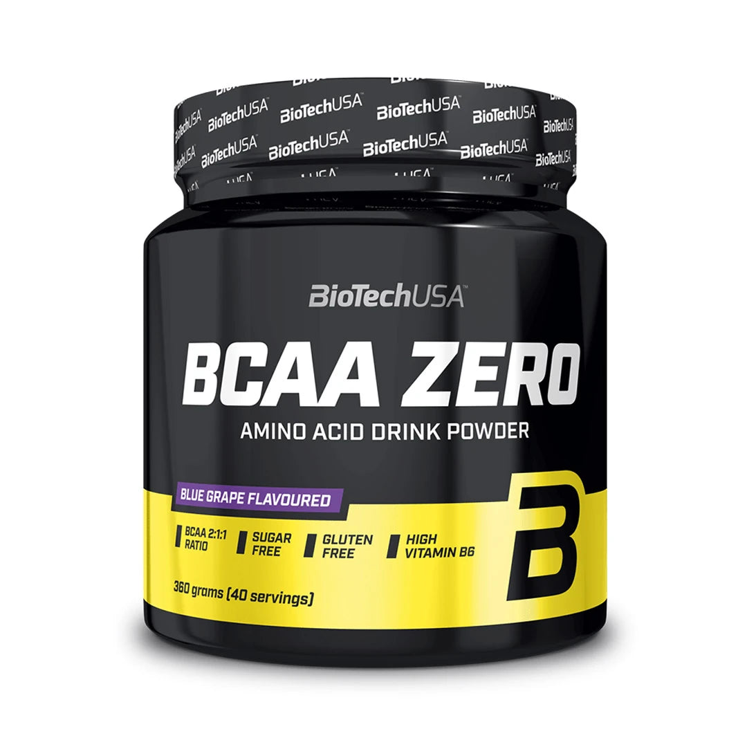BioTechUSA BCAA Zero 360 g aminosyror i en svart burk med gul etikett och smak av Blue Grape., bild 1 av 1