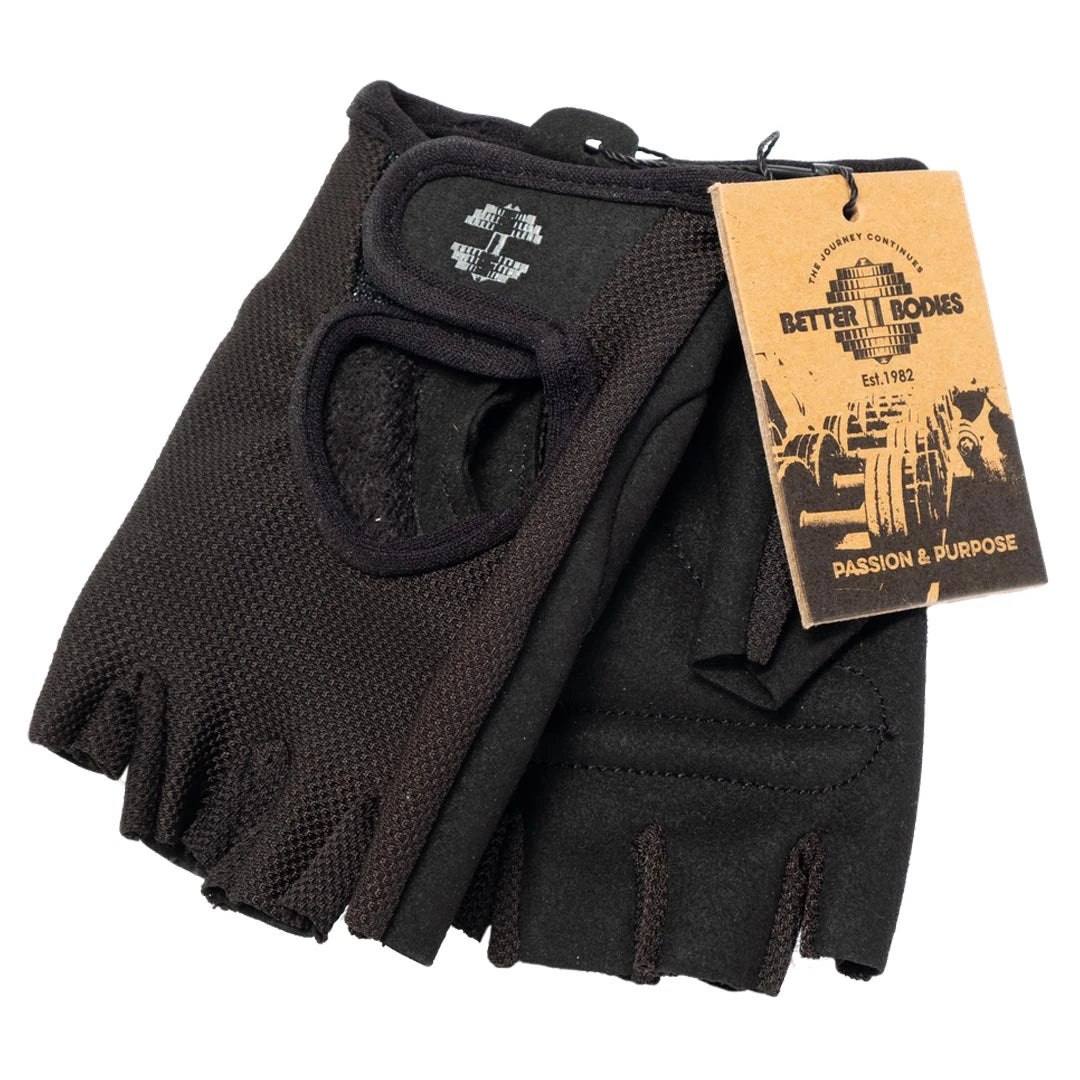 Ett par svarta Better Bodies Womens Training Gloves Black i Amara-läder och nylonmesh med kardborrelåsning., bild 4 av 4