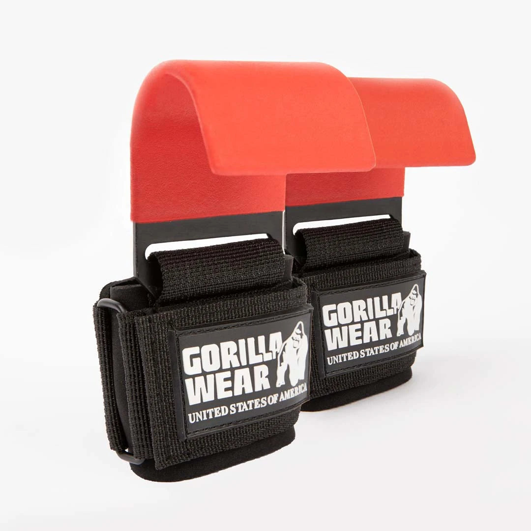 Gorilla Wear Weight Lifting Hooks Black/Red med svarta handledsremmar i nylon och breda röda dragkrokar i stål., bild 1 av 1