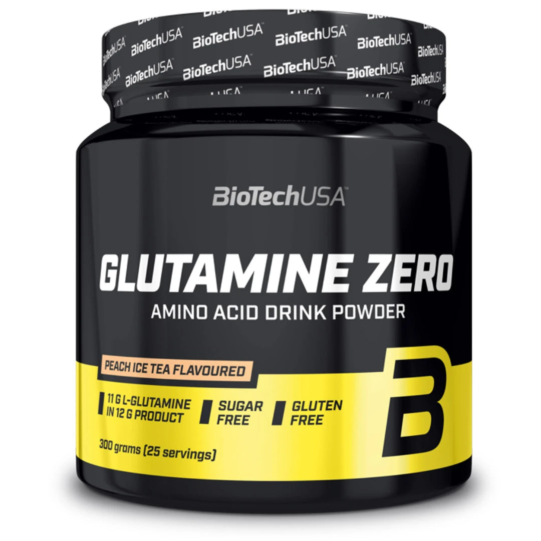 BioTechUSA Glutamine Zero 600 g aminosyrapulver i en svart plastburk med gula detaljer och smaken Peach Ice Tea.