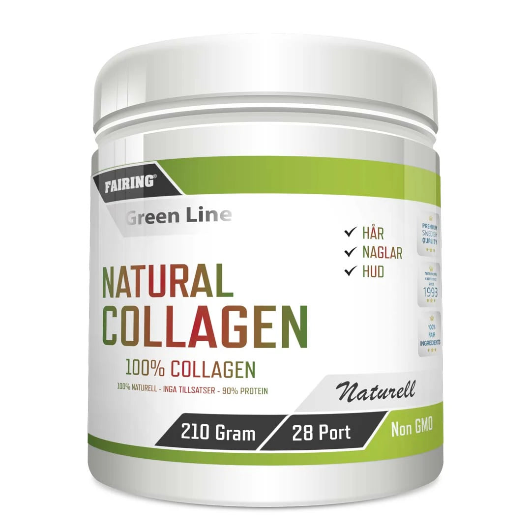 Fairing Natural Collagen 210 g kollagenpulver för hår, hud och naglar i en vit burk med gröna detaljer., bild 1 av 1