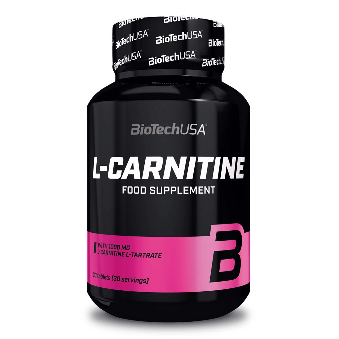 BioTechUSA L-Carnitine 1000 60 caps kosttillskott i en svart burk med rosa och vita detaljer., bild 1 av 1