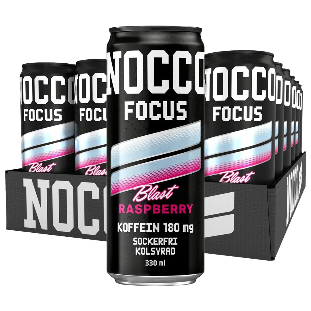 24 x NOCCO FOCUS 3 330 ml Raspberry Blast i ett svart flak med svarta burkar med ljusblå och rosa detaljer., bild 1 av 1