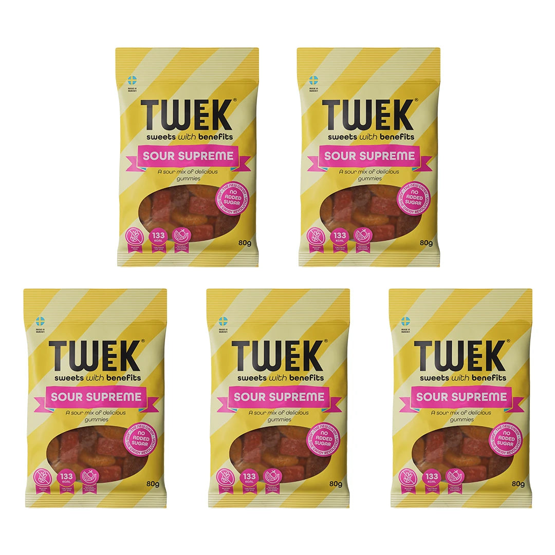 Fem påsar 5 x Tweek Sweets 80 g Sour Supreme godis med gul- och vitrandig design och rosa detaljer., bild 1 av 1
