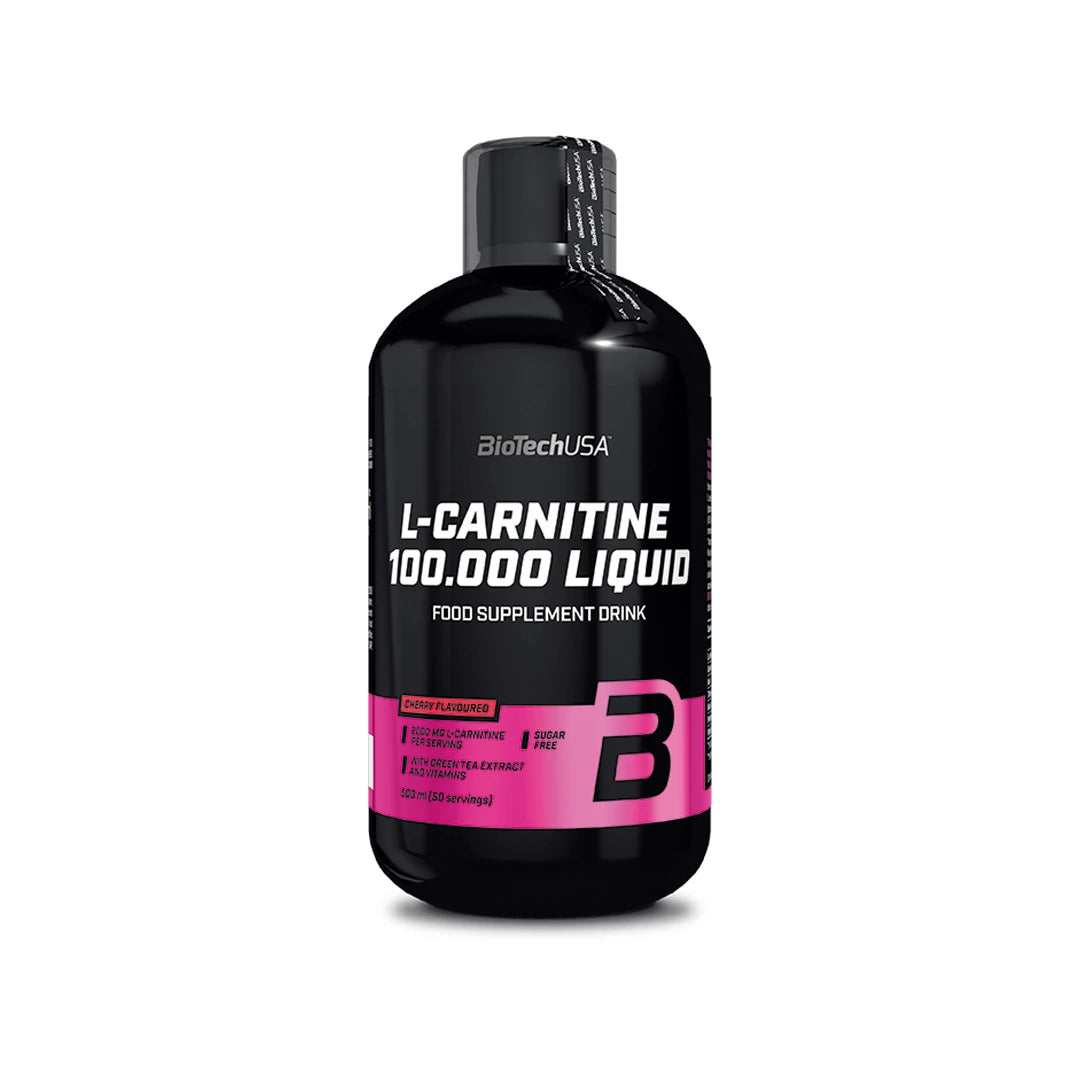 BioTechUSA L-Carnitine 100.000 Liquid 500 ml kosttillskott i en svart flaska med rosa detaljer för smaken Cherry.