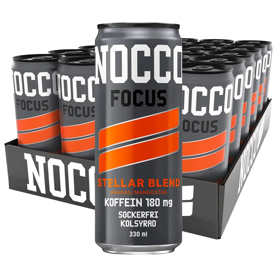 24 x NOCCO FOCUS 330 ml Stellar Blend energidryck i ett svart flak med svarta och orangea burkar., bild 1 av 1