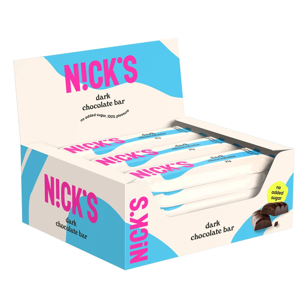 15 x Nicks Dark Chocolate 25 g i en vit och ljusblå displaylåda fylld med matchande chokladbars.