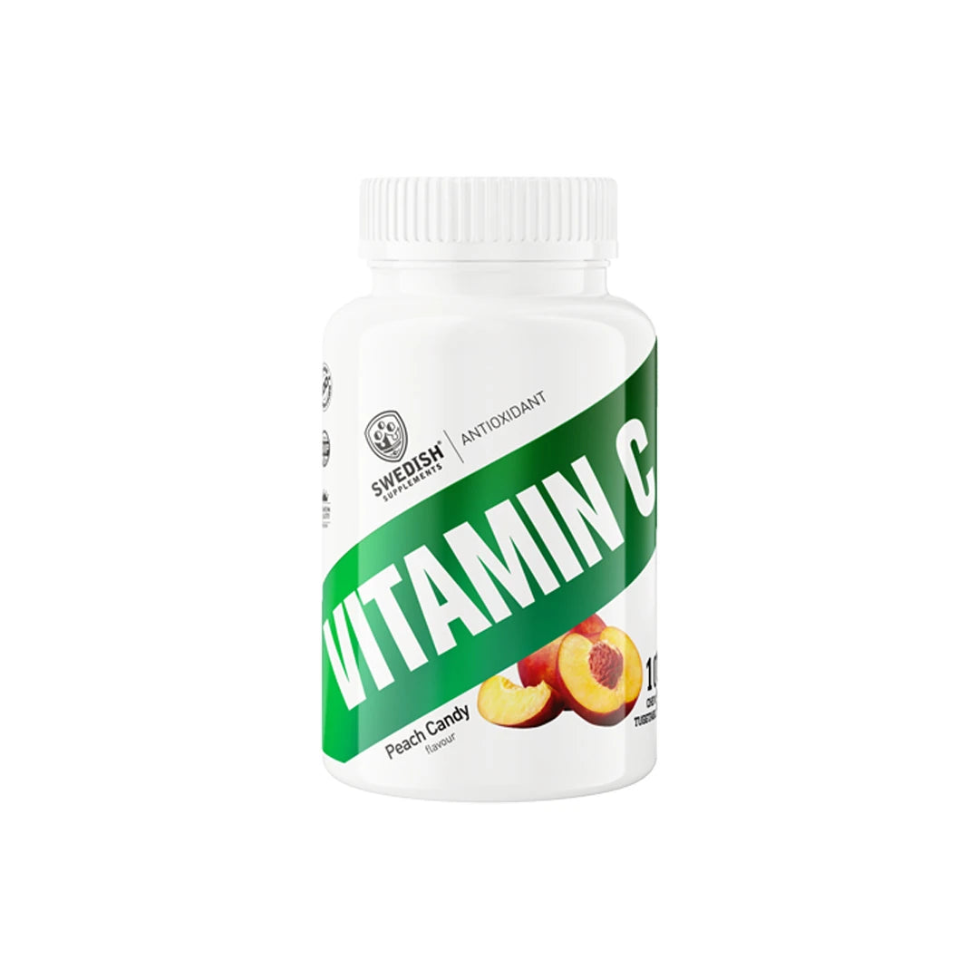 Swedish Supplements Vitamin C 100 pcs tuggtabletter i vit burk med grön etikett och persikomotiv för smaken Peach Candy., bild 1 av 1