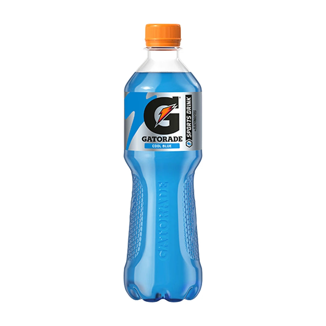 Gatorade 500 ml sportdryck i en plastflaska fylld med ljusblå vätska och orange kork för smaken Cool Blue., bild 1 av 1