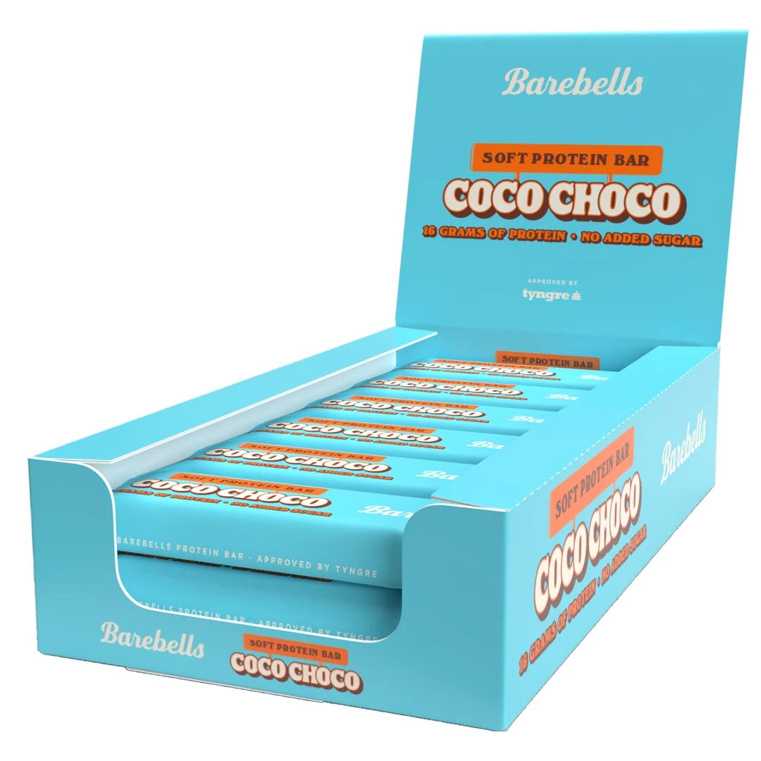 12 x Barebells Soft Protein Bar 55 g Coco Choco i en ljusblå displaybox med orange detaljer., bild 1 av 1