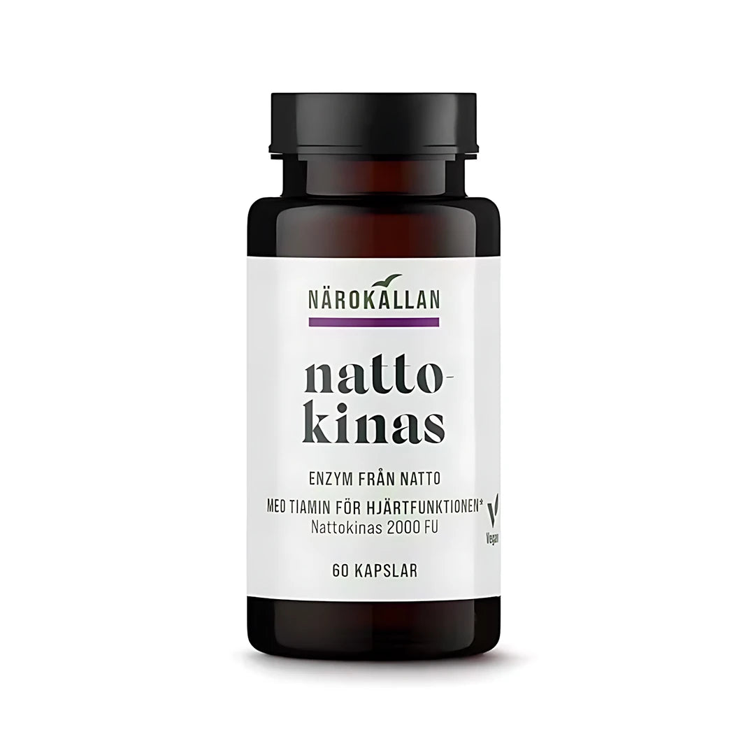 Närokällan Nattokinase 60 caps veganska enzymkapslar i en mörkbrun burk med svart lock och vit etikett., bild 1 av 1