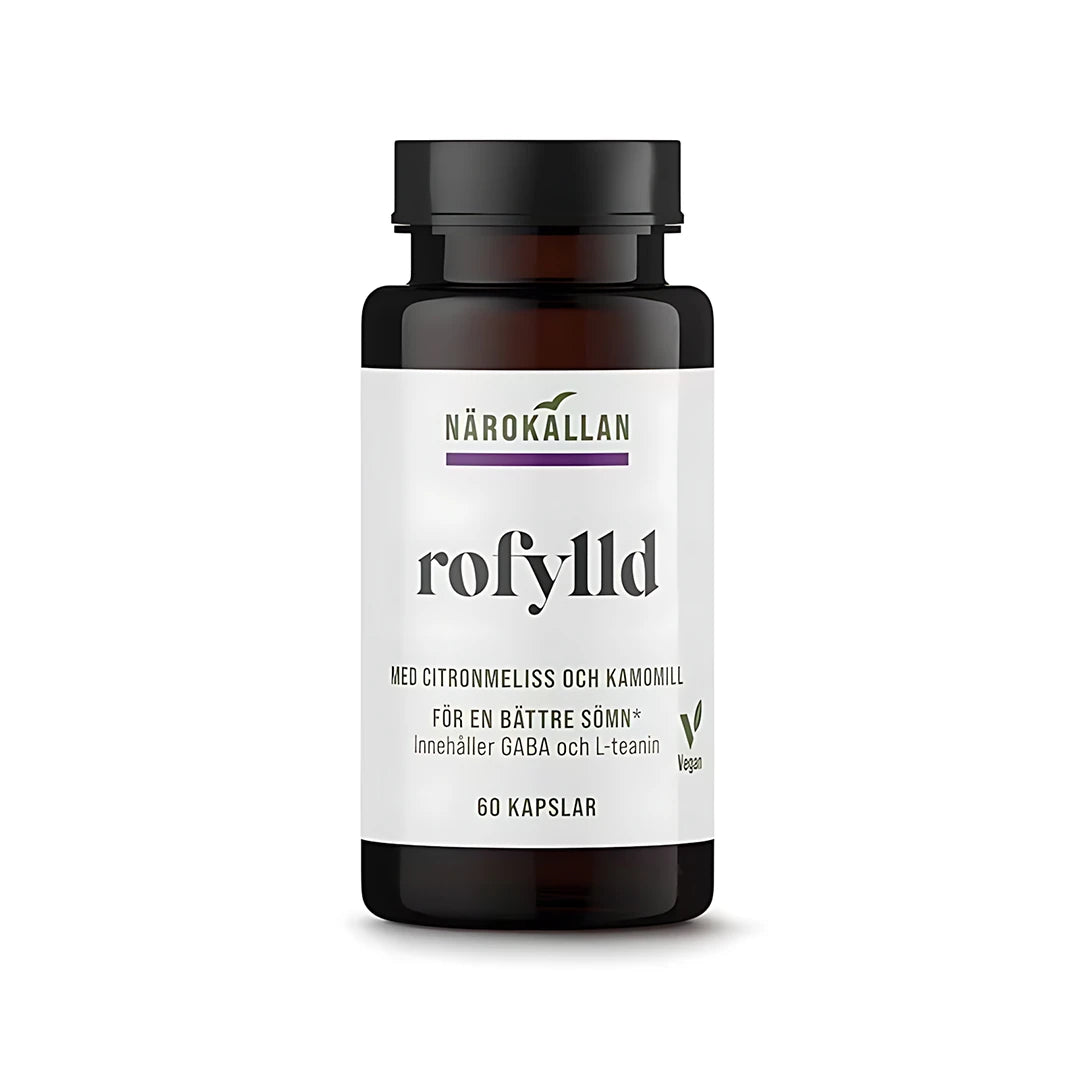 Närokällan Rofylld 60 caps, mörk burk med vit etikett som innehåller kosttillskott för avslappning med citronmeliss och kamomill., bild 1 av 1