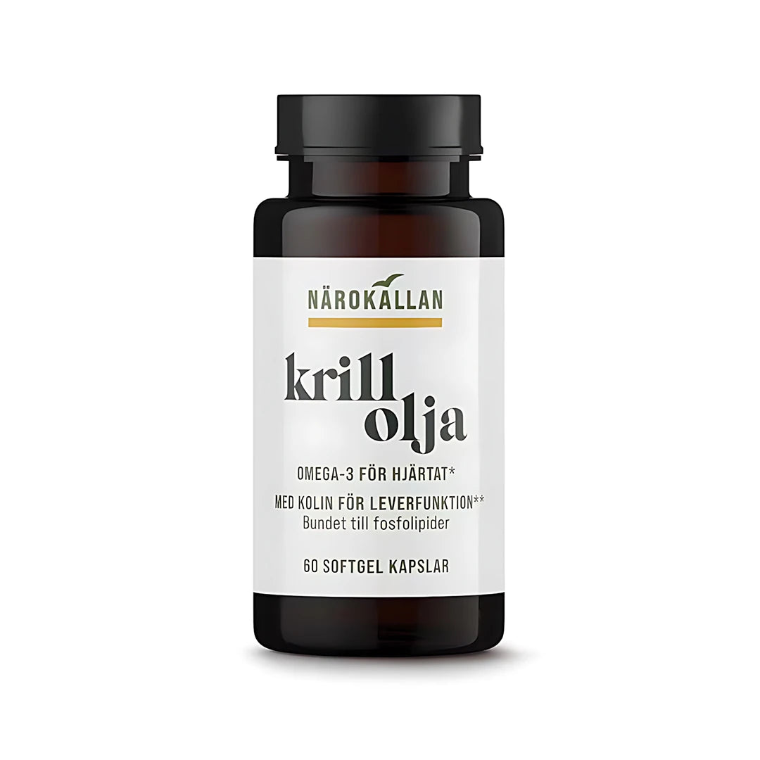 Närokällan Krillolja 60 caps, ett omega-3 kosttillskott i en mörkbrun burk med vit etikett och svart lock., bild 1 av 1