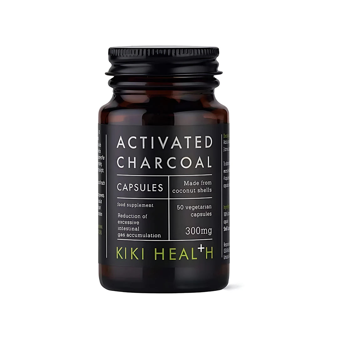 KIKI Health Activated Charcoal 50 caps i en mörk glasburk med svart etikett och vita detaljer.