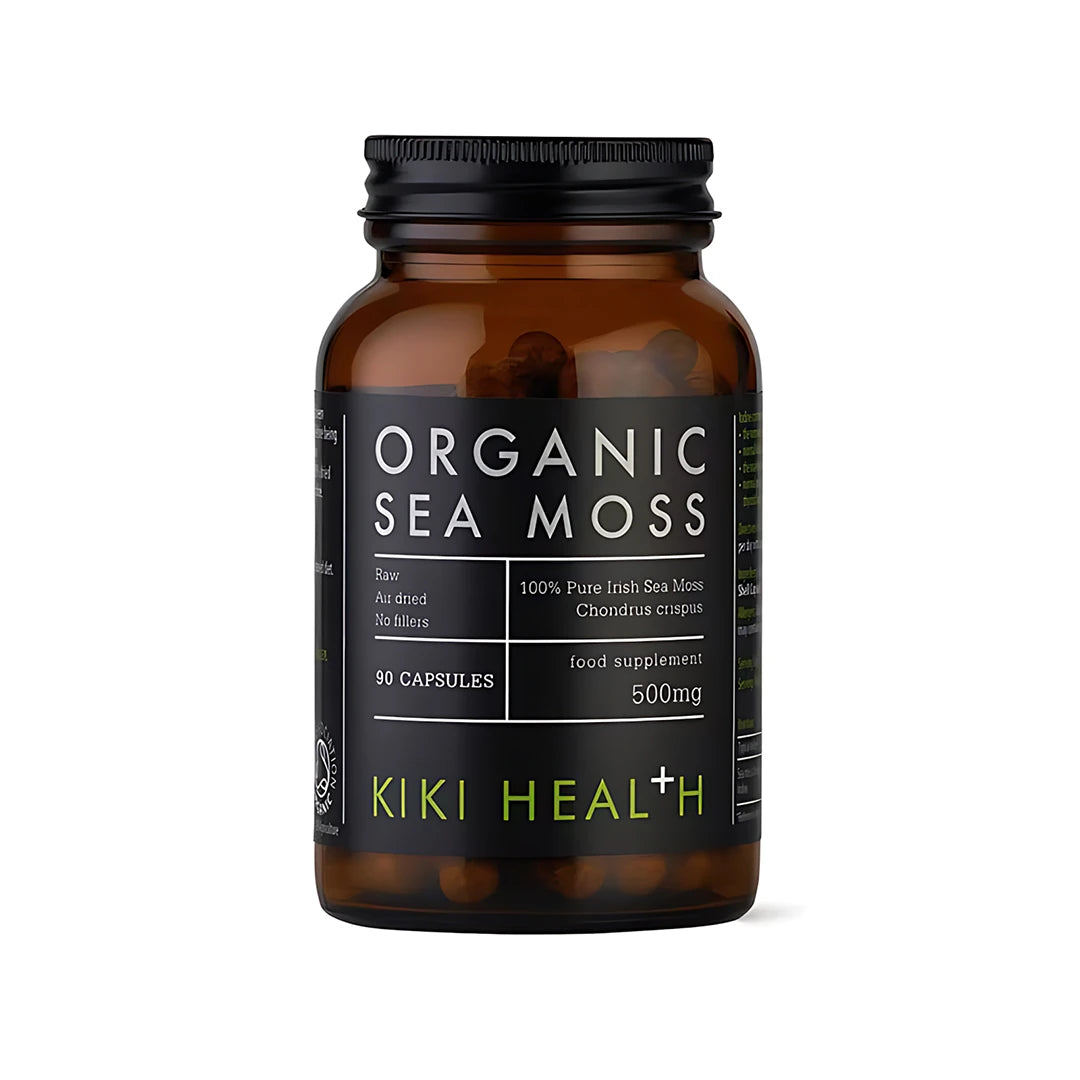 KIKI Health Organic Irish Sea Moss 90 caps i en mörk glasburk med svart etikett.