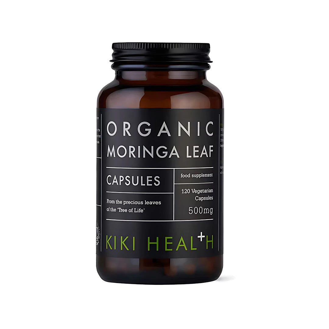 KIKI Health Organic Moringa Leaf 120 caps i en mörkbrun burk med svart etikett., bild 1 av 1