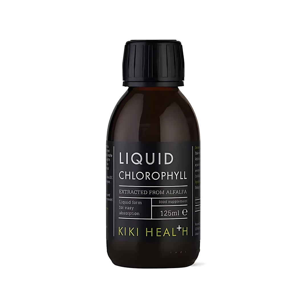 KIKI Health Liquid Chlorophyll 125 ml flytande klorofyll i en mörk flaska med svart etikett.